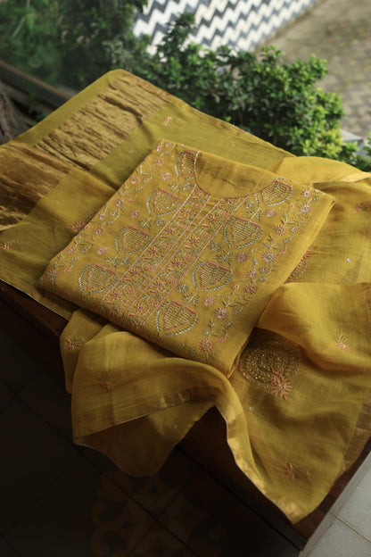 Yellow Shade Tissue Silk Chikankari Unstitched Fabric