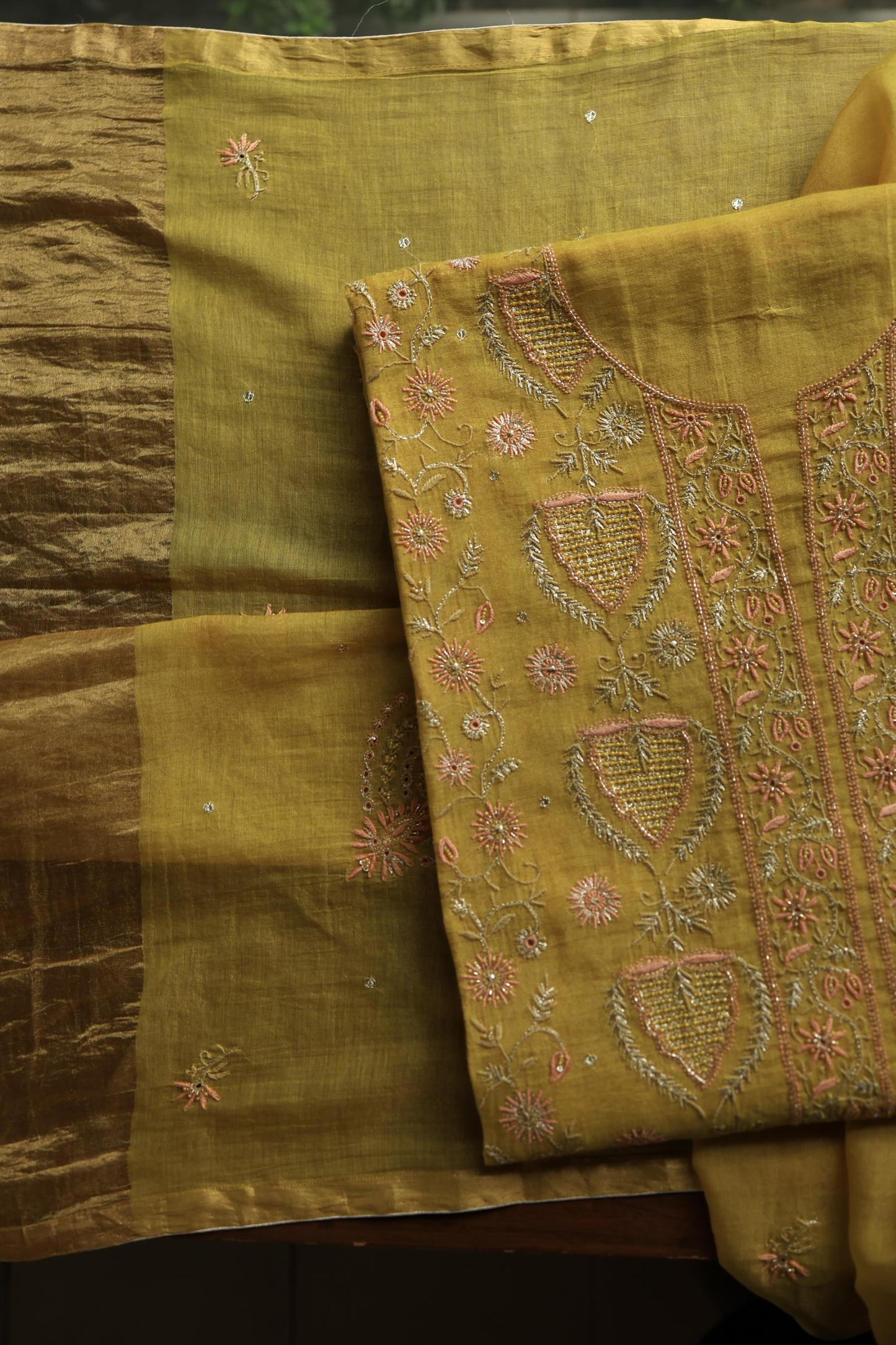 Yellow Shade Tissue Silk Chikankari Unstitched Fabric