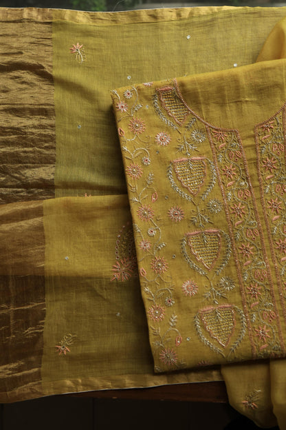 Yellow Shade Tissue Silk Chikankari Unstitched Fabric