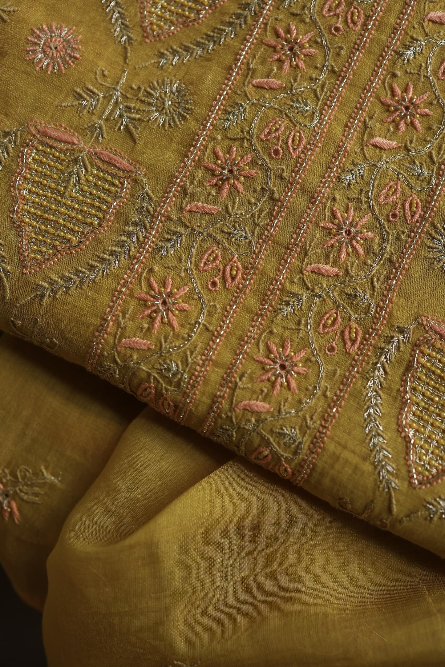 Yellow Shade Tissue Silk Chikankari Unstitched Fabric