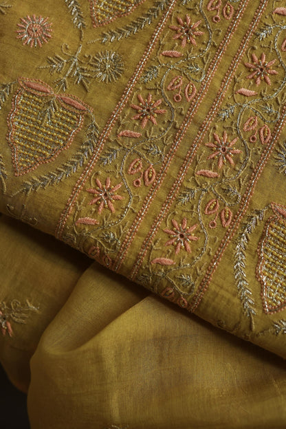 Yellow Shade Tissue Silk Chikankari Unstitched Fabric