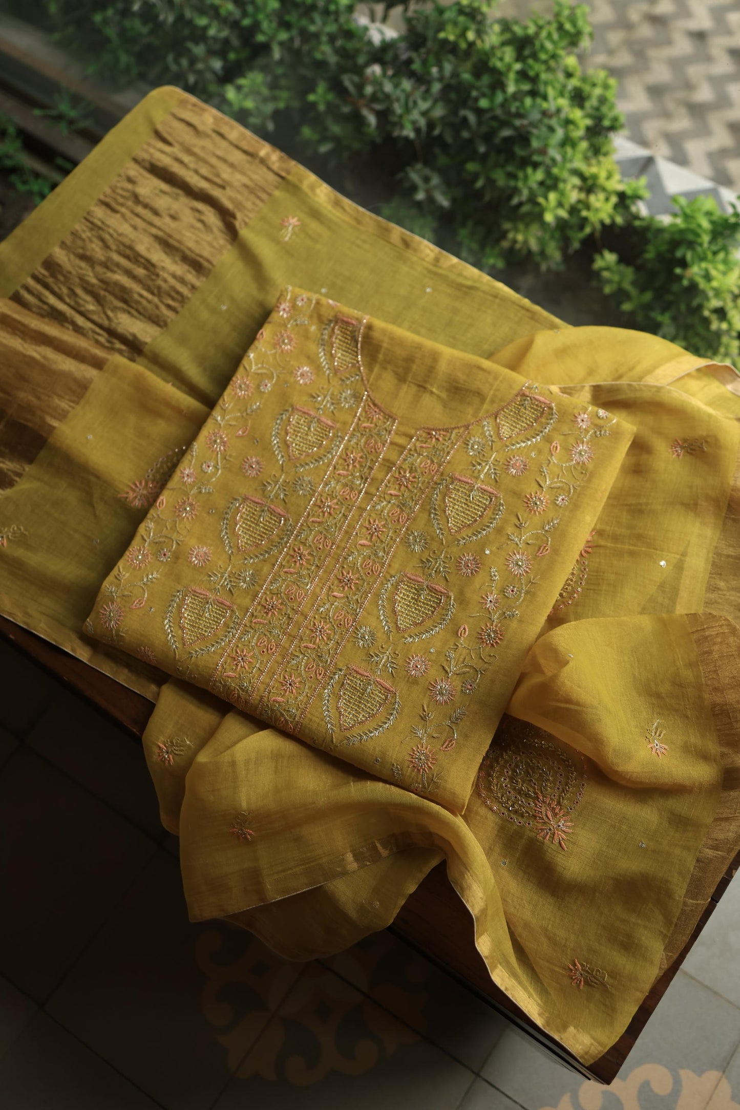 Yellow Shade Tissue Silk Chikankari Unstitched Fabric