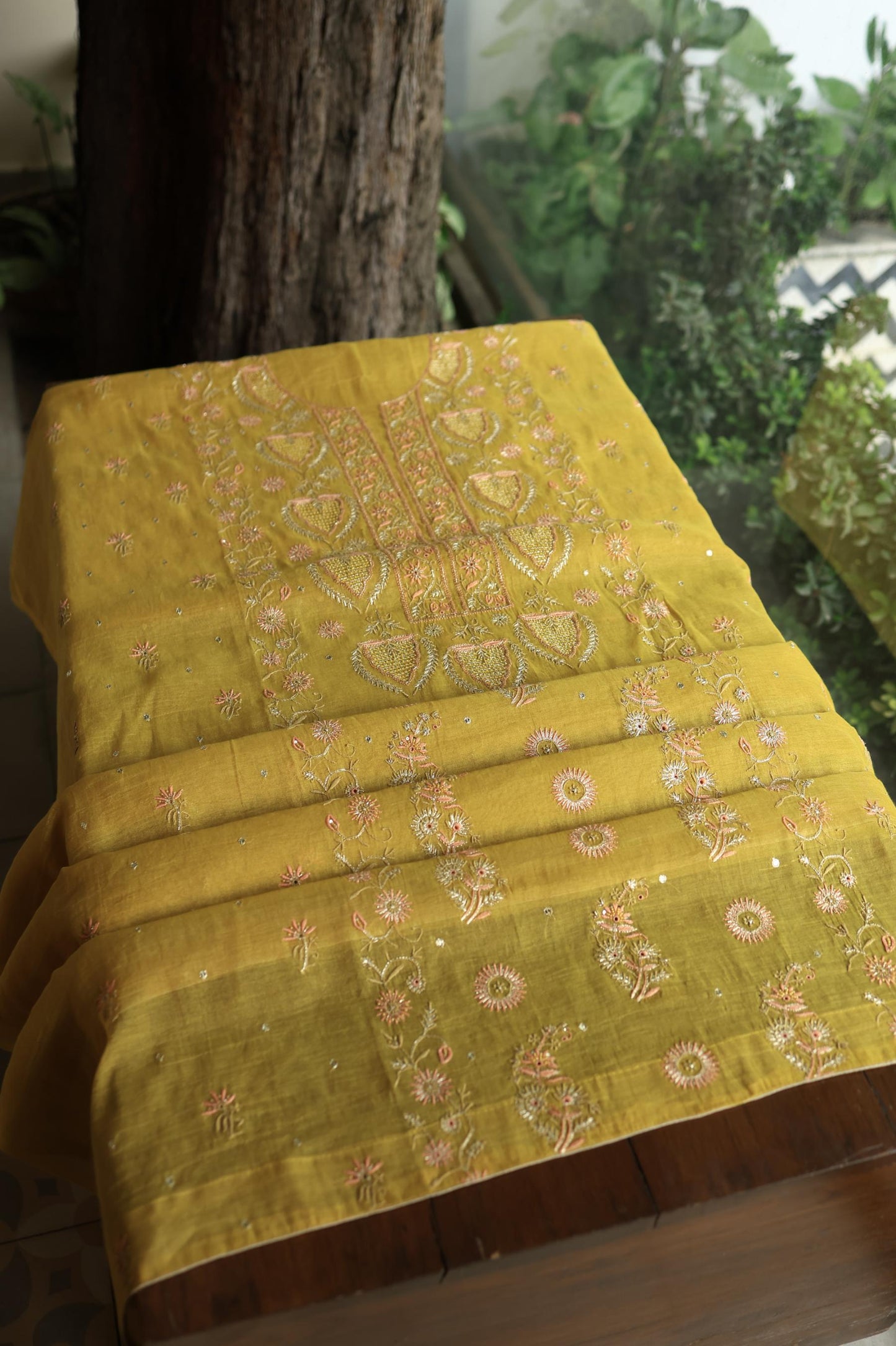 Yellow Shade Tissue Silk Chikankari Unstitched Fabric