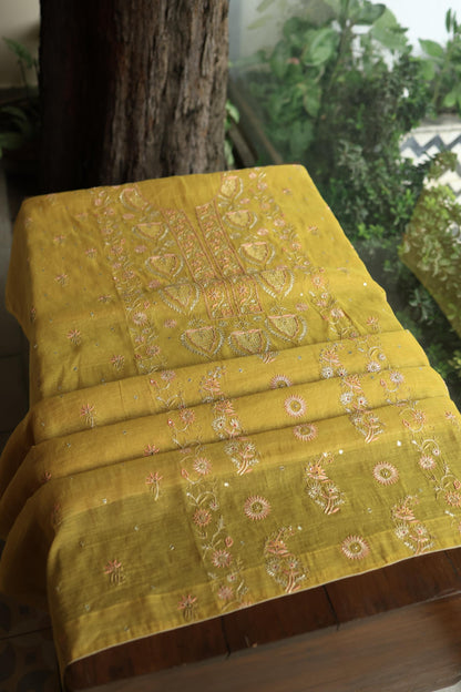Yellow Shade Tissue Silk Chikankari Unstitched Fabric