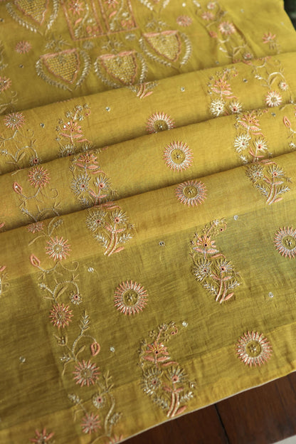 Yellow Shade Tissue Silk Chikankari Unstitched Fabric