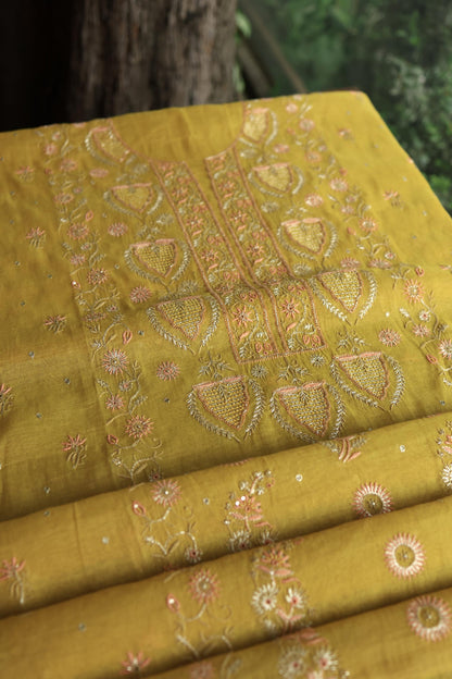 Yellow Shade Tissue Silk Chikankari Unstitched Fabric