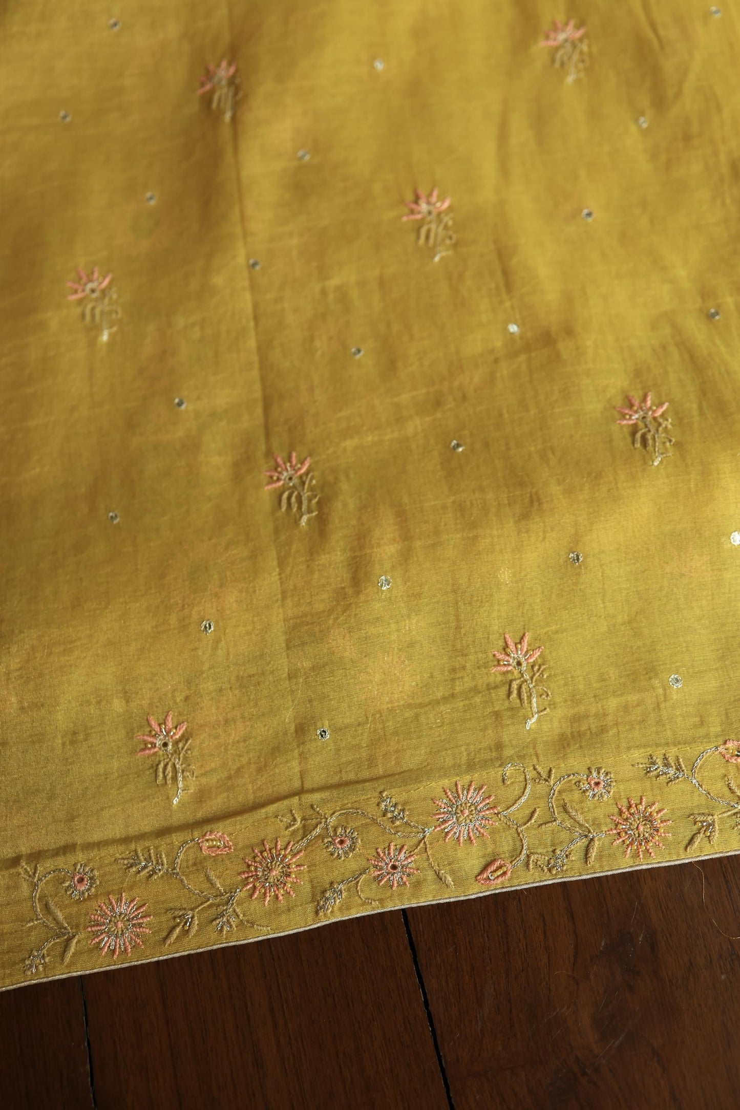 Yellow Shade Tissue Silk Chikankari Unstitched Fabric