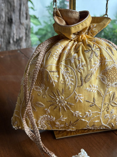 Yellow Shade Tussar Silk Chikankari Ari & Kasab Work Potli Bag