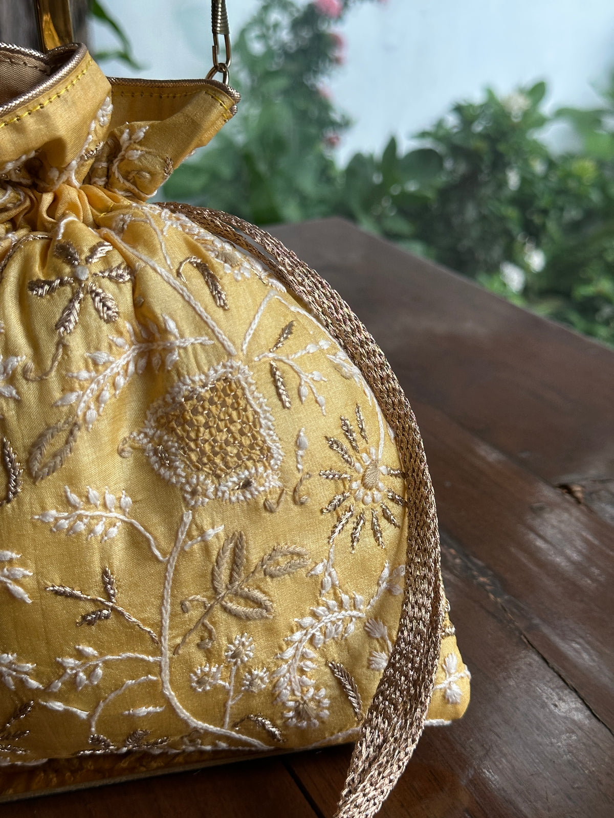 Yellow Shade Tussar Silk Chikankari Ari & Kasab Work Potli Bag