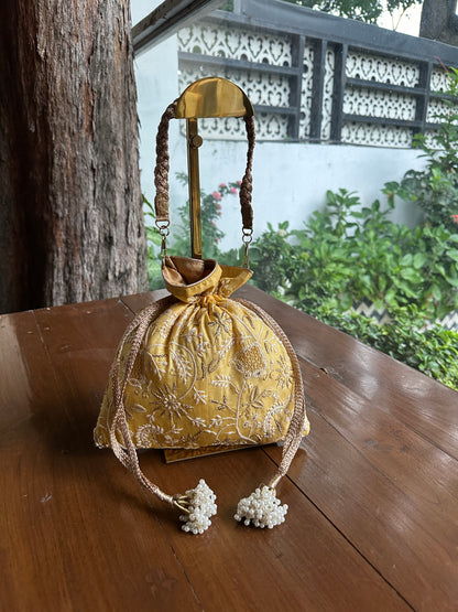 Yellow Shade Tussar Silk Chikankari Ari & Kasab Work Potli Bag