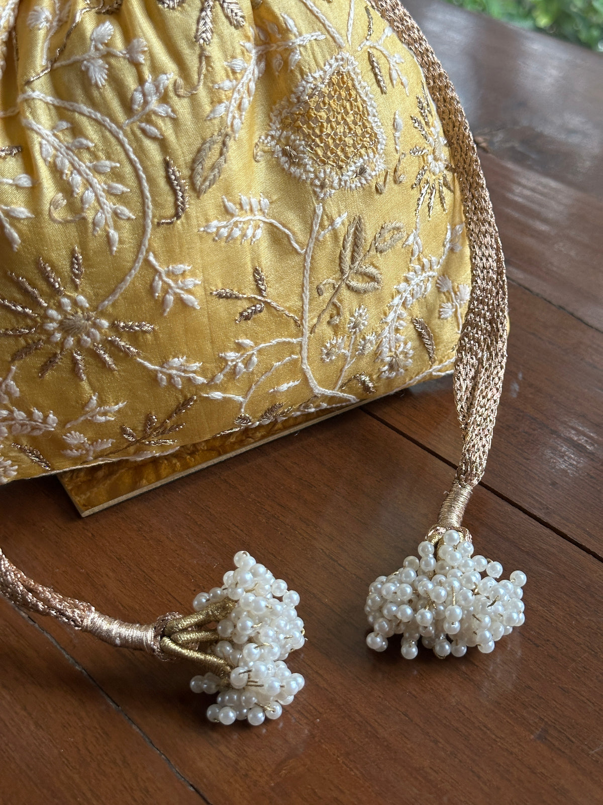 Yellow Shade Tussar Silk Chikankari Ari & Kasab Work Potli Bag