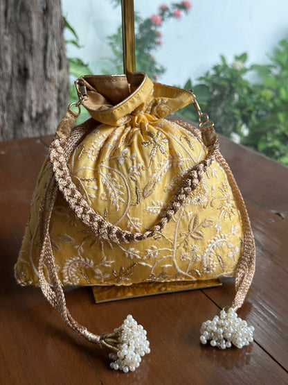 Yellow Shade Tussar Silk Chikankari Ari & Kasab Work Potli Bag