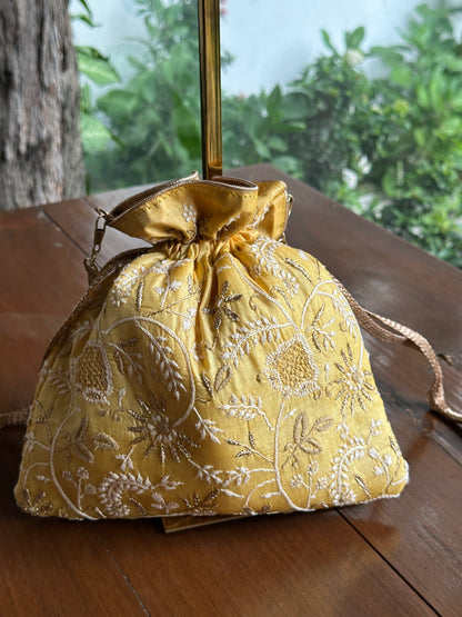 Yellow Shade Tussar Silk Chikankari Ari & Kasab Work Potli Bag