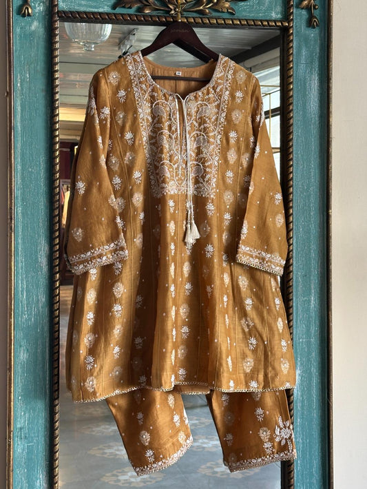 Yellow Shade Zari Chanderi Chikankari Co-Ord Set