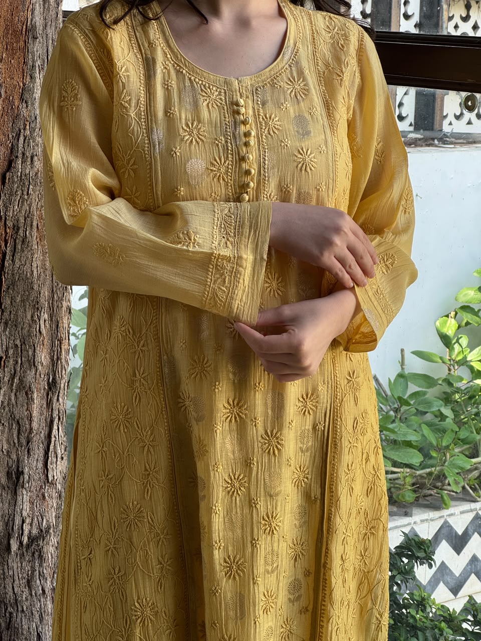 Yellow Shade Zari Chanderi Chikankari Ready to Wear Tunics