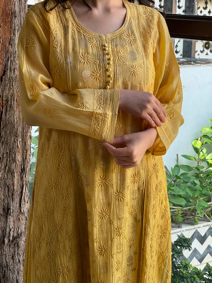 Yellow Shade Zari Chanderi Chikankari Ready to Wear Tunics