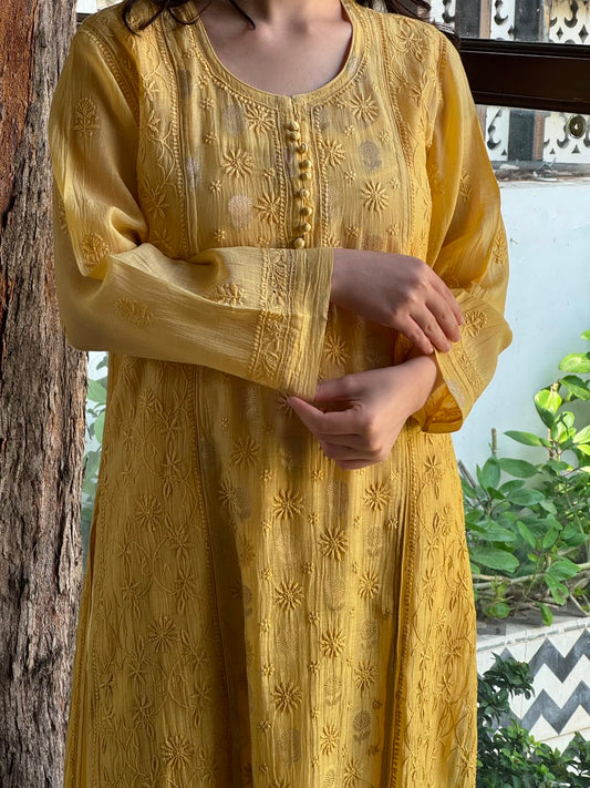 Yellow Shade Zari Chanderi Chikankari Ready to Wear Tunics