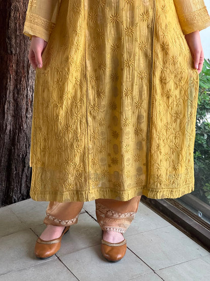 Yellow Shade Zari Chanderi Chikankari Ready to Wear Tunics