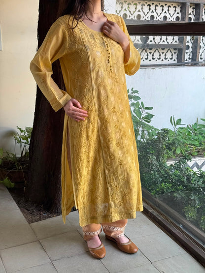 Yellow Shade Zari Chanderi Chikankari Ready to Wear Tunics