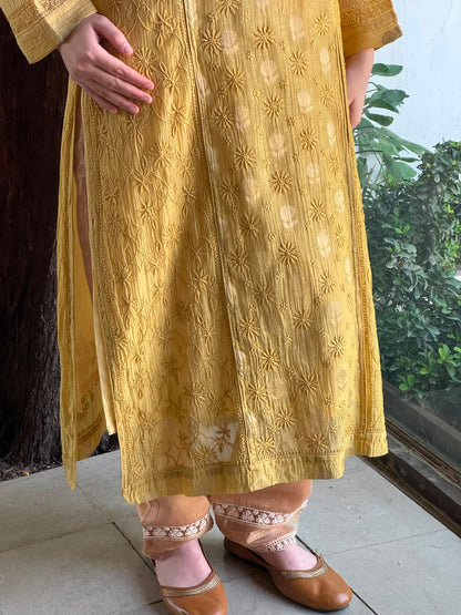 Yellow Shade Zari Chanderi Chikankari Ready to Wear Tunics