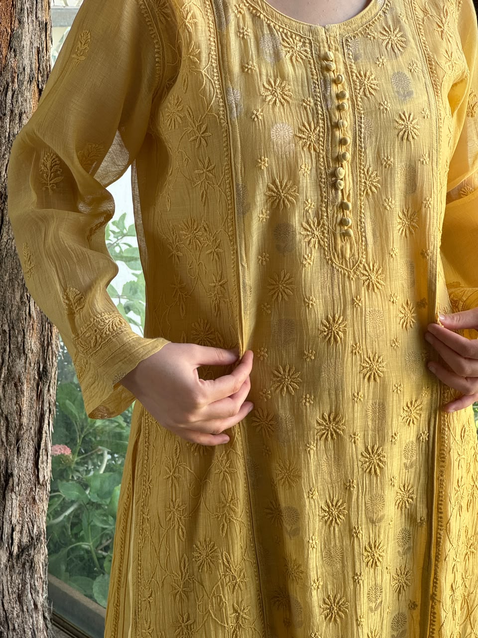 Yellow Shade Zari Chanderi Chikankari Ready to Wear Tunics