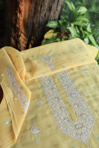 Yellow Shade Zari Chanderi Unisex Chikankari Unstitched Men’s Kurta Fabric