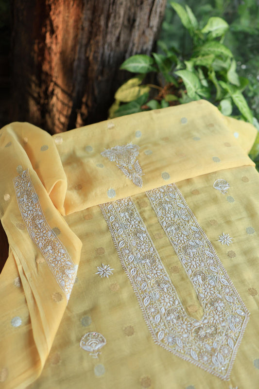 Yellow Shade Zari Chanderi Unisex Chikankari Unstitched Men’s Kurta Fabric