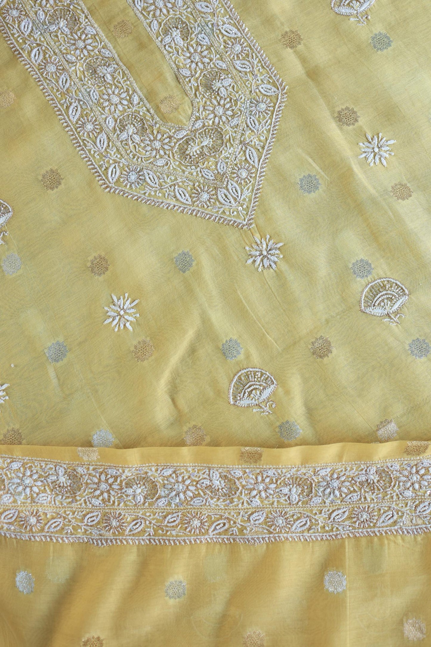 Yellow Shade Zari Chanderi Unisex Chikankari Unstitched Men’s Kurta Fabric