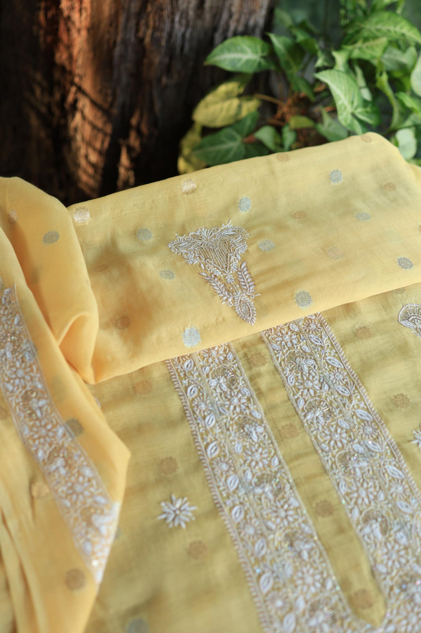 Yellow Shade Zari Chanderi Unisex Chikankari Unstitched Men’s Kurta Fabric