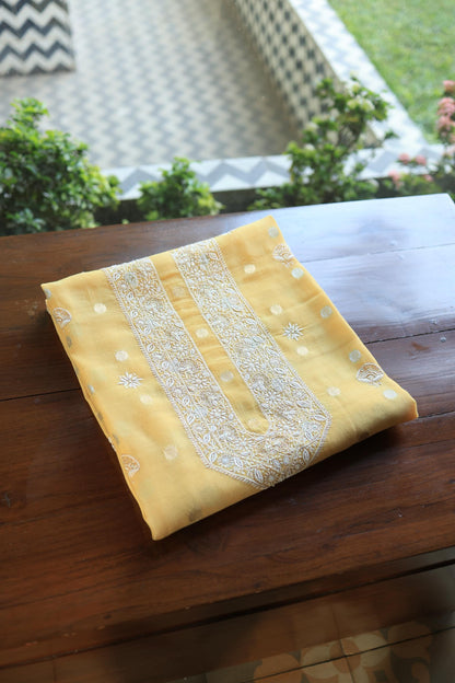 Yellow Shade Zari Chanderi Unisex Chikankari Unstitched Men’s Kurta Fabric