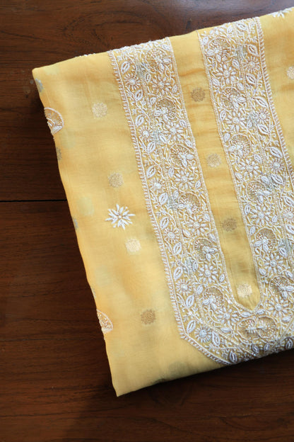 Yellow Shade Zari Chanderi Unisex Chikankari Unstitched Men’s Kurta Fabric