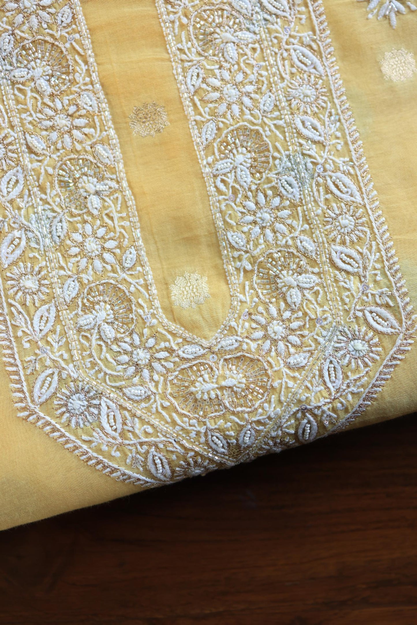Yellow Shade Zari Chanderi Unisex Chikankari Unstitched Men’s Kurta Fabric