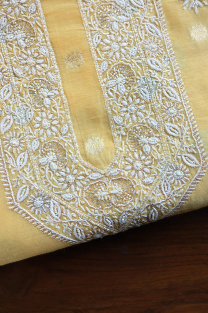 Yellow Shade Zari Chanderi Unisex Chikankari Unstitched Men’s Kurta Fabric