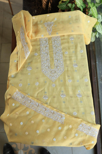 Yellow Shade Zari Chanderi Unisex Chikankari Unstitched Men’s Kurta Fabric