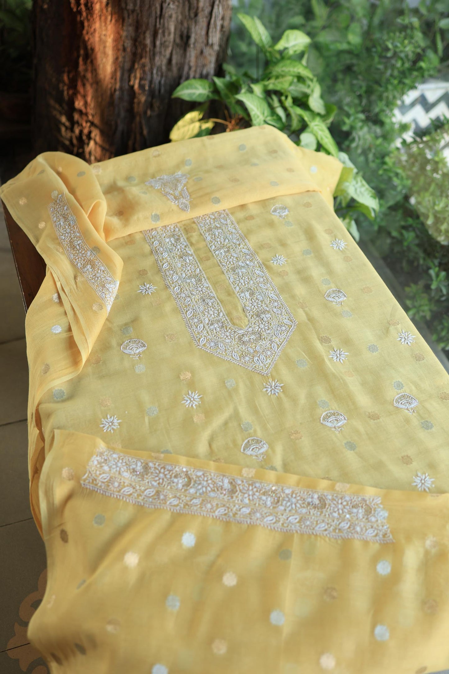 Yellow Shade Zari Chanderi Unisex Chikankari Unstitched Men’s Kurta Fabric