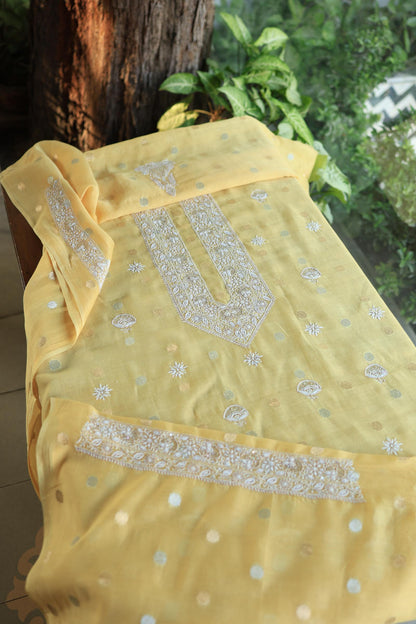 Yellow Shade Zari Chanderi Unisex Chikankari Unstitched Men’s Kurta Fabric