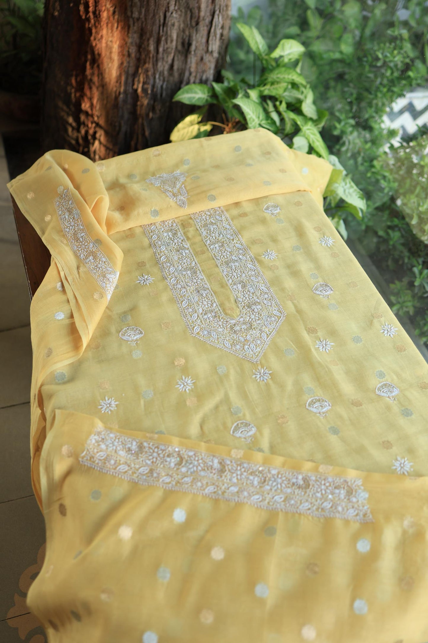Yellow Shade Zari Chanderi Unisex Chikankari Unstitched Men’s Kurta Fabric
