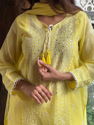 Yellow Soft Mulmul Mirror Work X Chikankari Kurta Set
