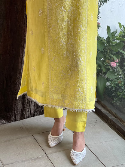 Yellow Soft Mulmul Mirror Work X Chikankari Kurta Set