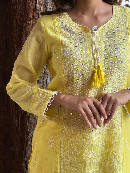 Yellow Soft Mulmul Mirror Work X Chikankari Kurta Set