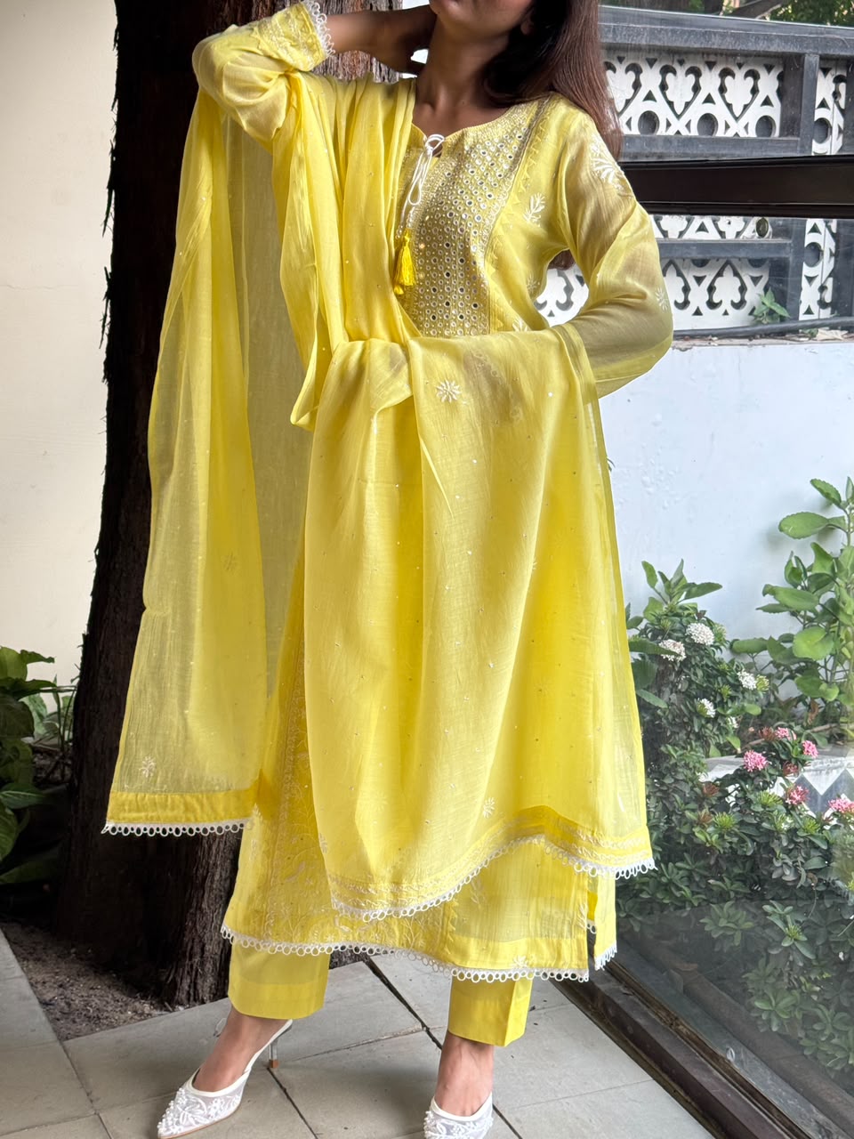 Yellow Soft Mulmul Mirror Work X Chikankari Kurta Set