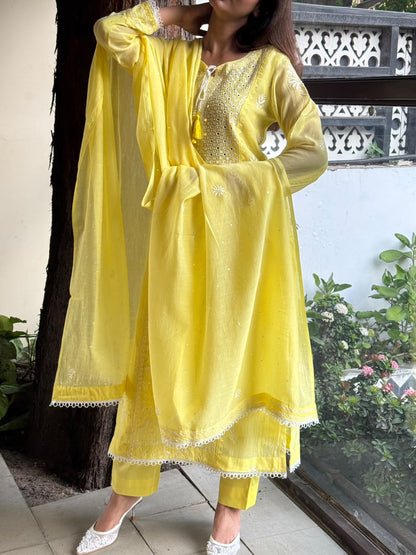 Yellow Soft Mulmul Mirror Work X Chikankari Kurta Set