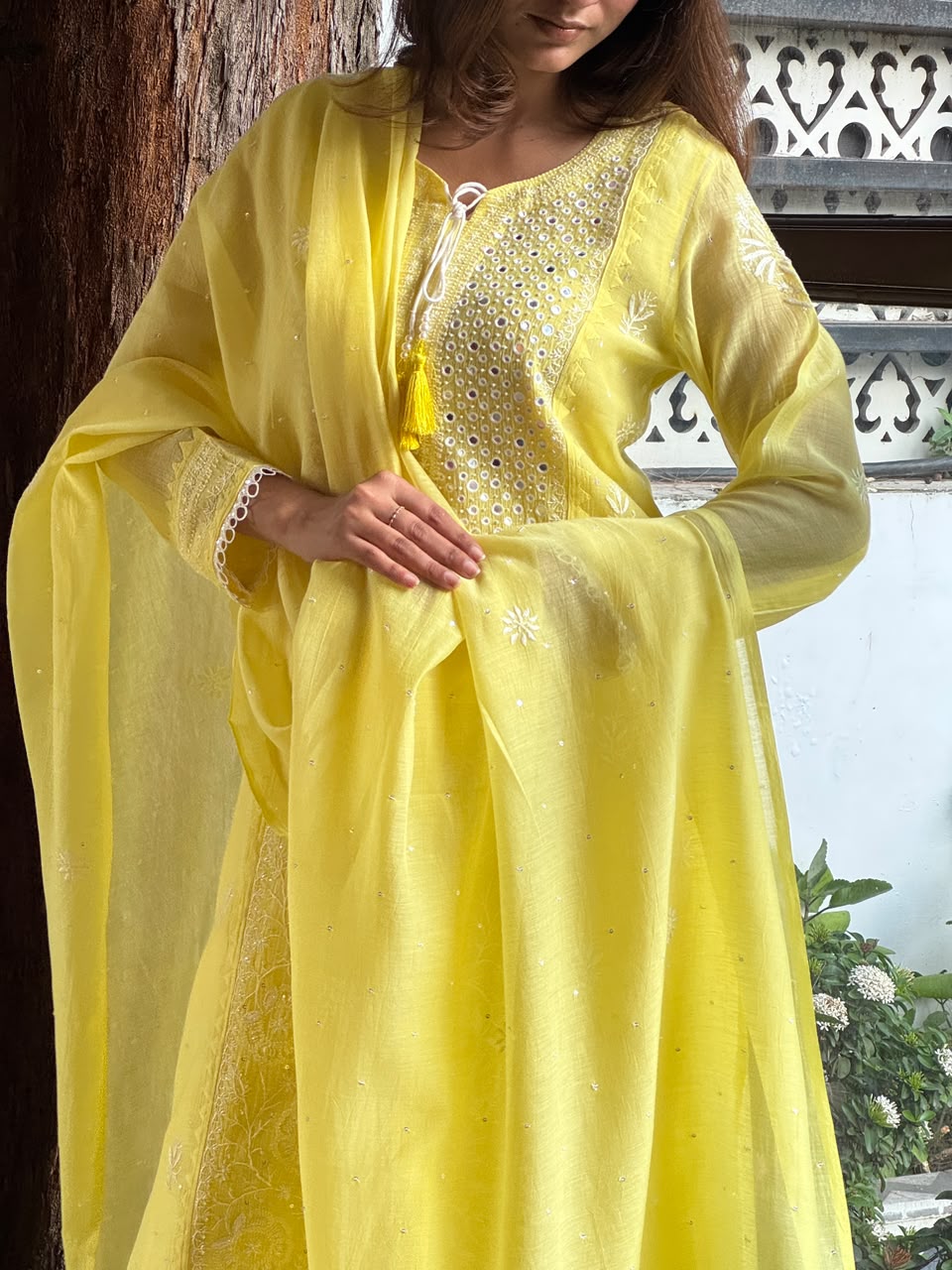 Yellow Soft Mulmul Mirror Work X Chikankari Kurta Set