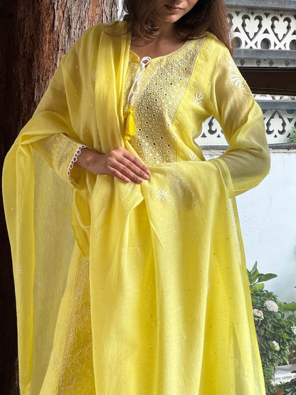 Yellow Soft Mulmul Mirror Work X Chikankari Kurta Set