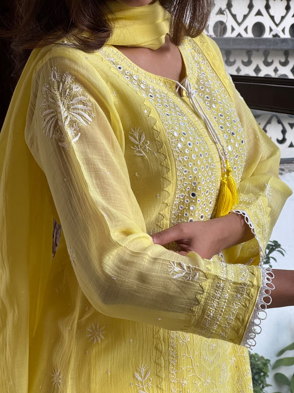 Yellow Soft Mulmul Mirror Work X Chikankari Kurta Set