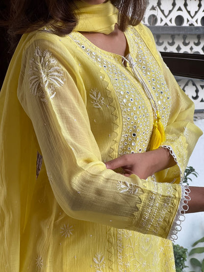 Yellow Soft Mulmul Mirror Work X Chikankari Kurta Set