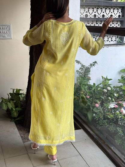 Yellow Soft Mulmul Mirror Work X Chikankari Kurta Set