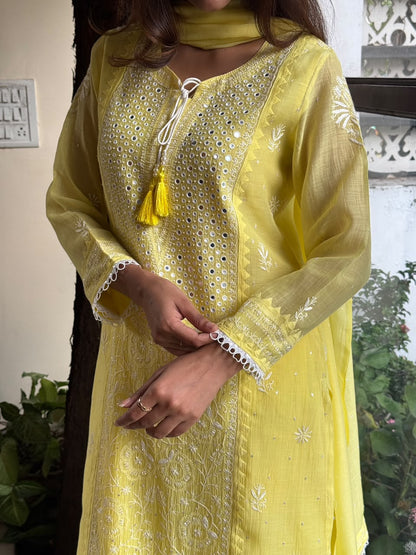 Yellow Soft Mulmul Mirror Work X Chikankari Kurta Set