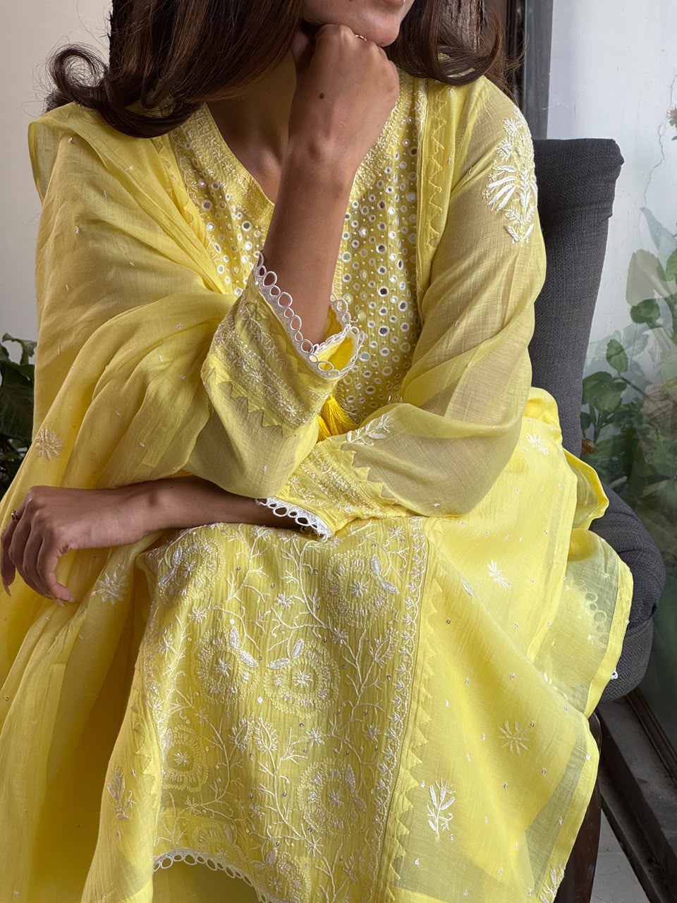 Yellow Soft Mulmul Mirror Work X Chikankari Kurta Set