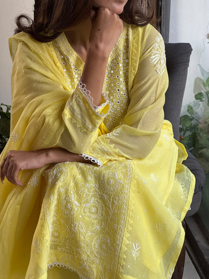 Yellow Soft Mulmul Mirror Work X Chikankari Kurta Set